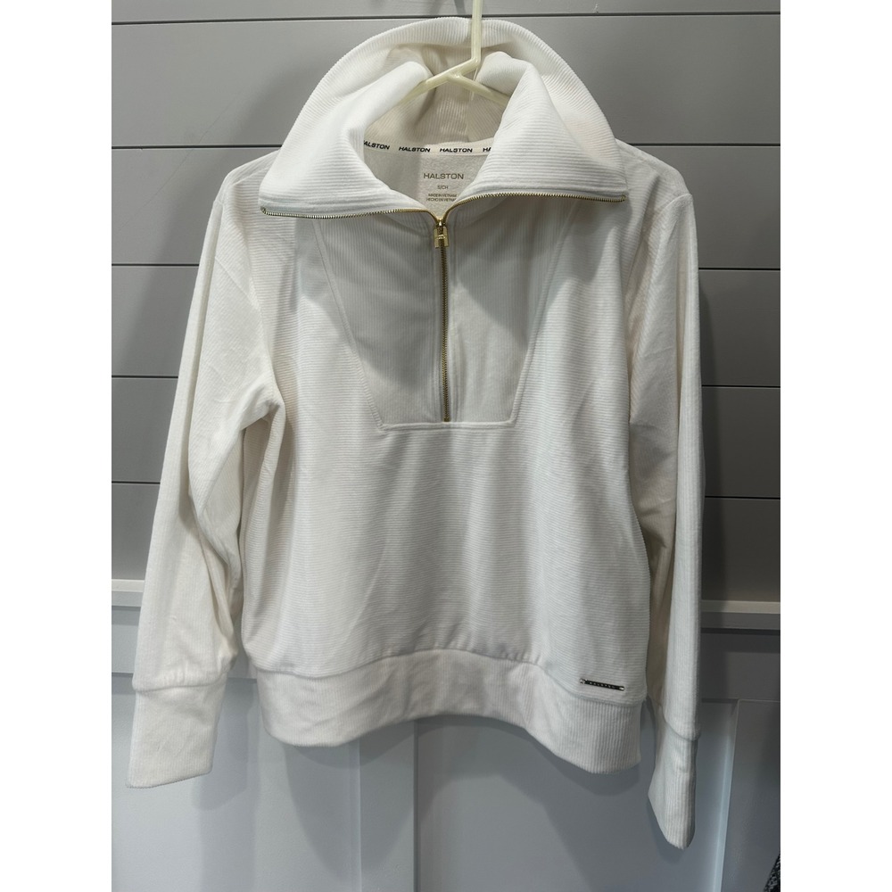 Halston White Ribbed Quarter Zip Pullover Sweatshirt Gold Logo Zipper Small